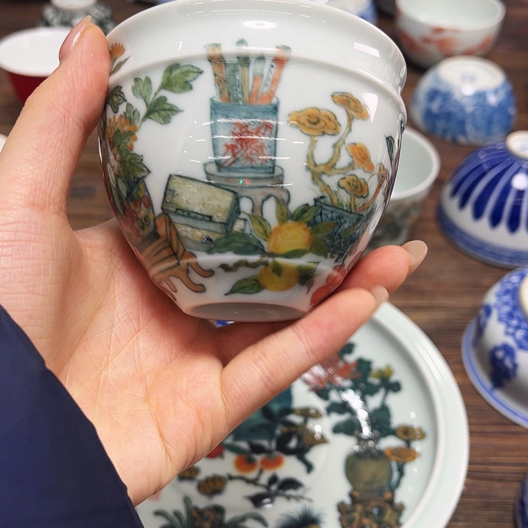 釉中彩壶承+主人杯+浮雕盖置