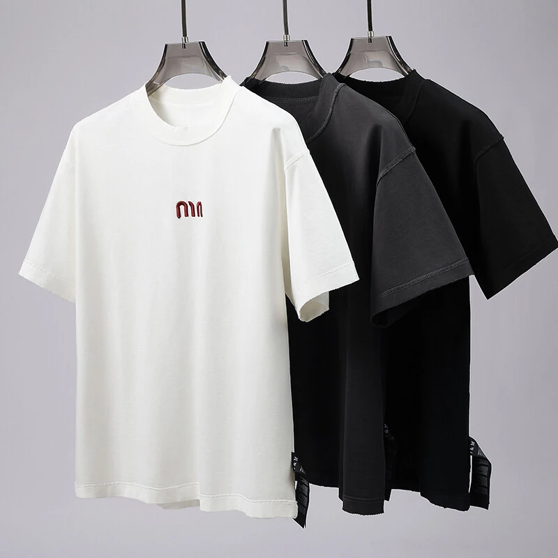 苗禾卫【潮牌】夏季新款重磅短袖t恤简约圆领半袖百搭刺绣时尚百搭
