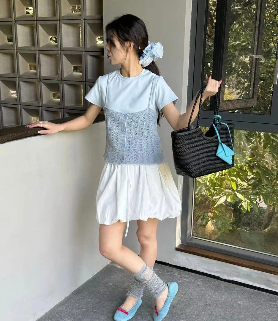 【羽奢时尚】简约气质百搭针织吊带圆领T恤2件套33139