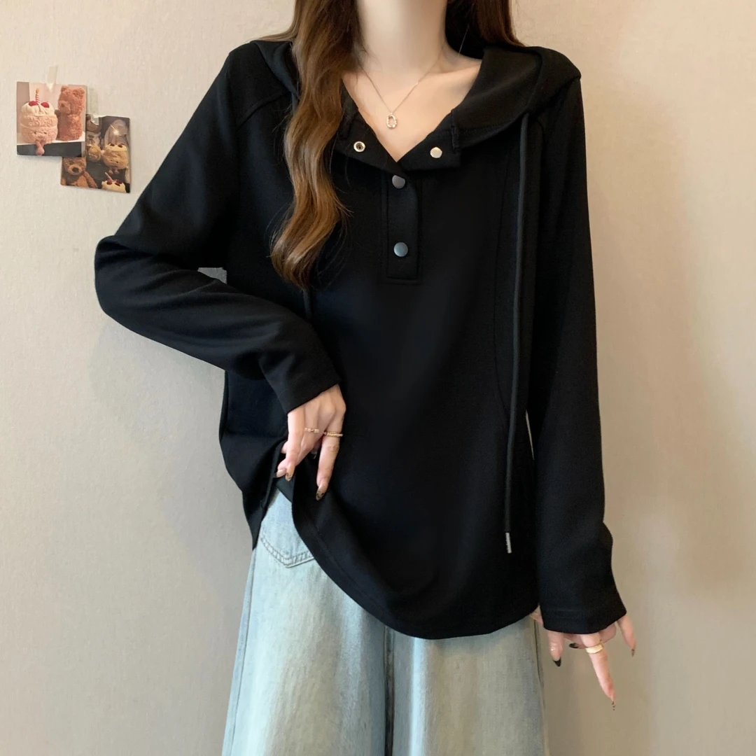 大码遮肚子连帽系带卫衣女春秋新款胖MM宽松显瘦百搭洋气长袖上衣