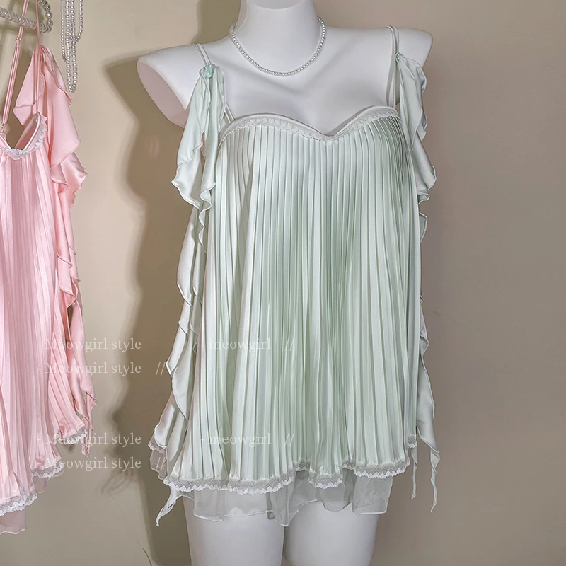 今夕何夕睡衣女款性感夏季2025新款蕾丝吊带睡裙纯欲风冰丝荷叶边