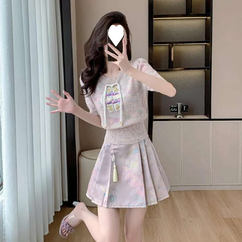 夏季套装女新中式国风盘扣圆领针织衫百褶短裙气质洋气减龄两件套