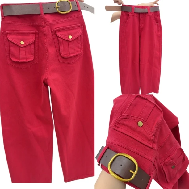 5793秋冬加厚高腰直筒牛仔裤奶茶色显瘦弹力弯刀潮流洋气减龄大红