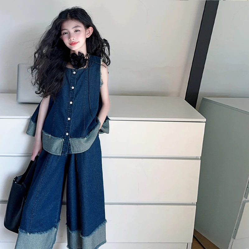 女童夏季清凉透牛仔阔腿裤套装中大童时髦洋气夏装两件套儿童服装