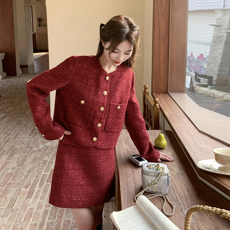 红色千金小香风套装裙女2025春季新款小个子韩系气质半身裙两件套