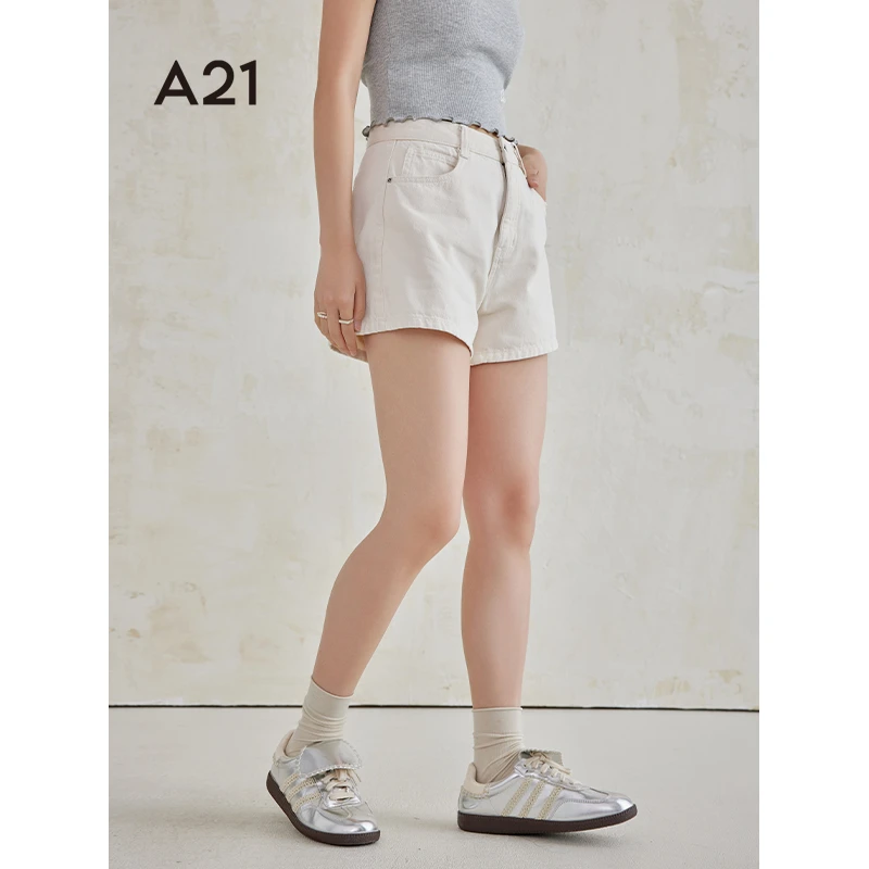 A21女装高腰阔腿牛仔短裤夏季休闲简约直筒三分裤子F442226026
