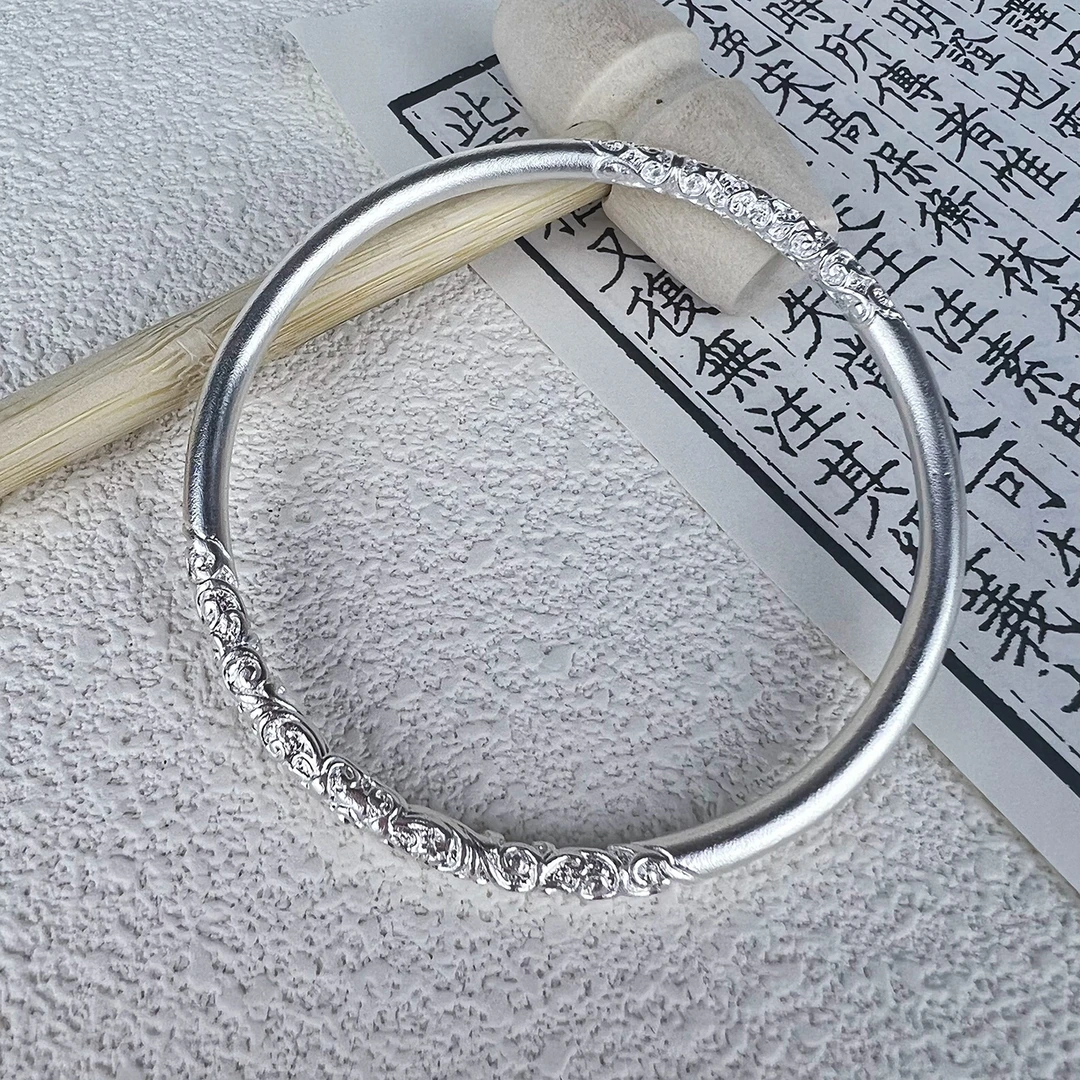 足银手镯 足银999.9【卷草纹】 闭口实心纯银手镯新中式