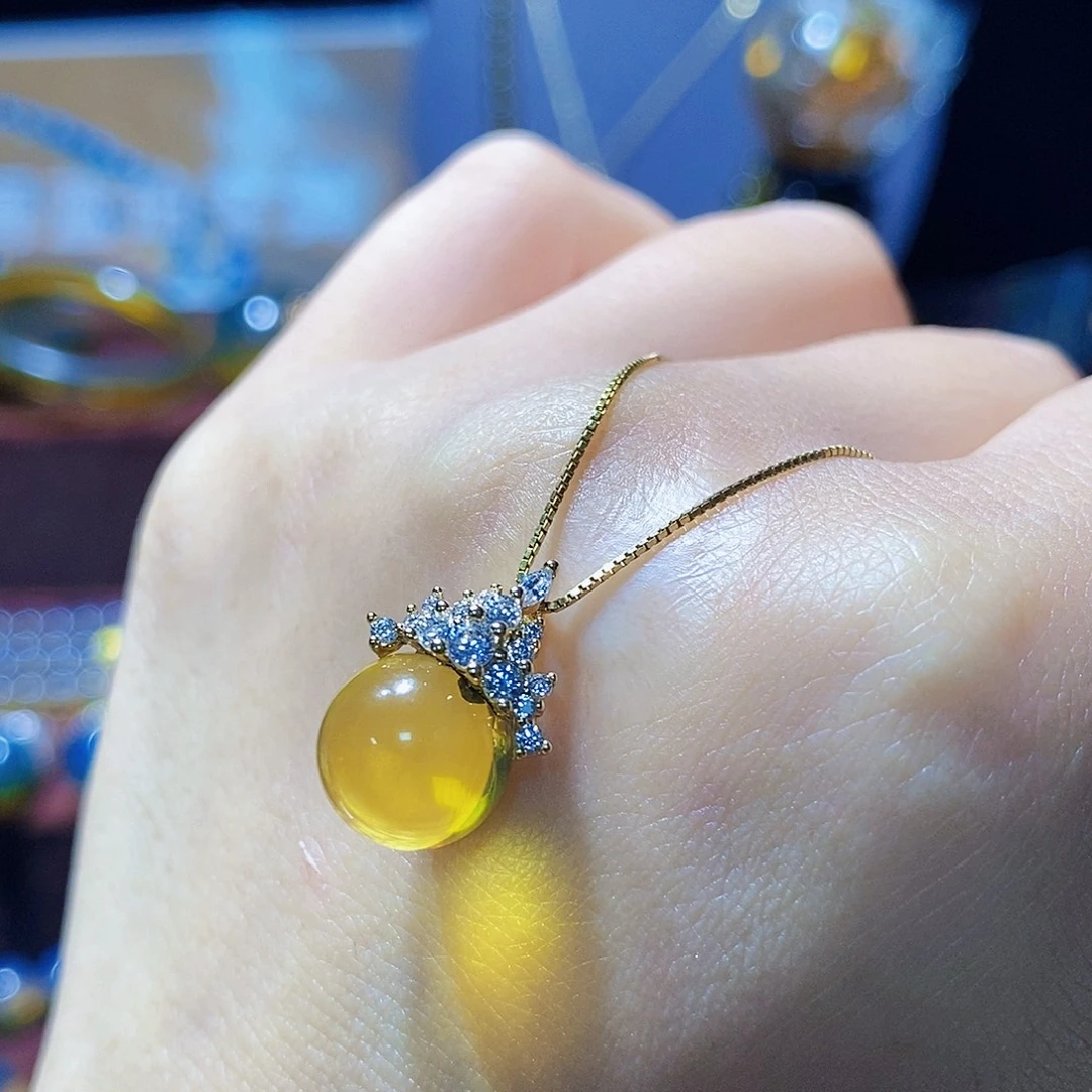 银S925镀金镶嵌颈饰蓝珀10m皇冠吊坠