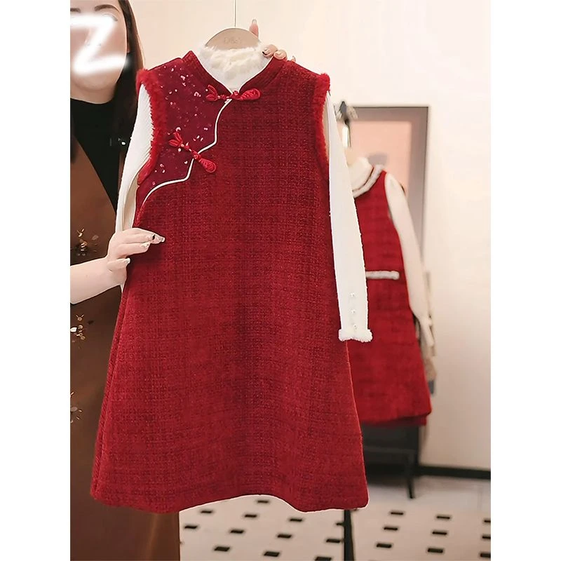 女童冬季国风拜年服连衣裙套装秋冬儿童新款加绒重工安可拉红裙子