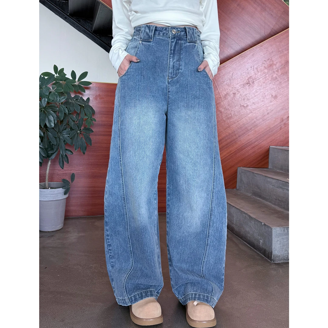 秋季设计感竹节纹磨白牛仔裤女复古宽松百搭高腰阔腿小弯刀裤