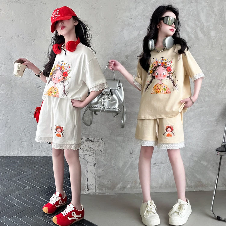 女童印花短袖短裤夏季2025新款儿童宽松两件套韩版中大童休闲套装
