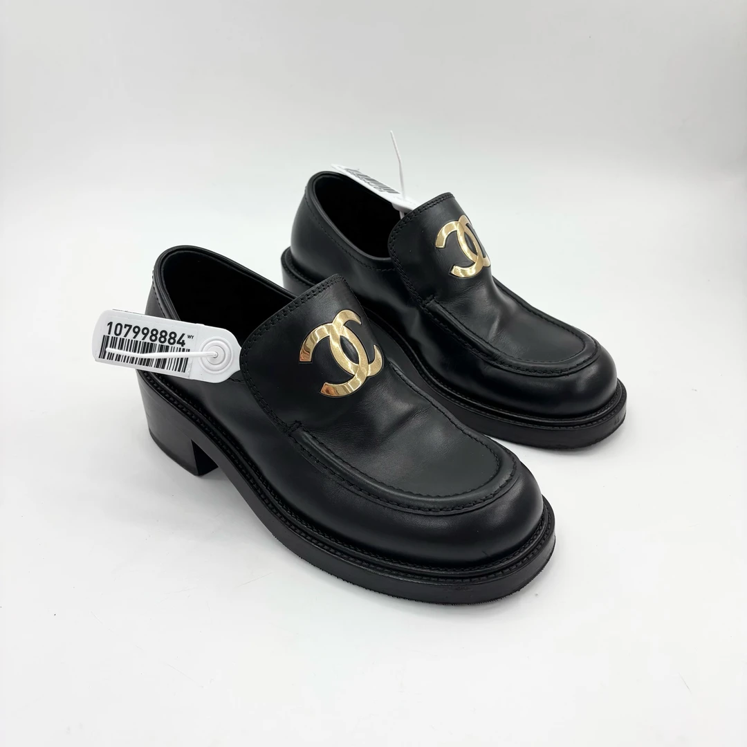 95新 Chanel/香奈儿 35码黑色双c大logo厚底乐福鞋合集