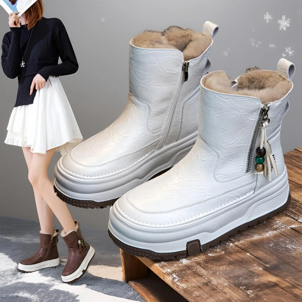 厚底5cm保暖真皮雪地靴女款ins韩版防水加绒串珠棉靴2025冬季新款