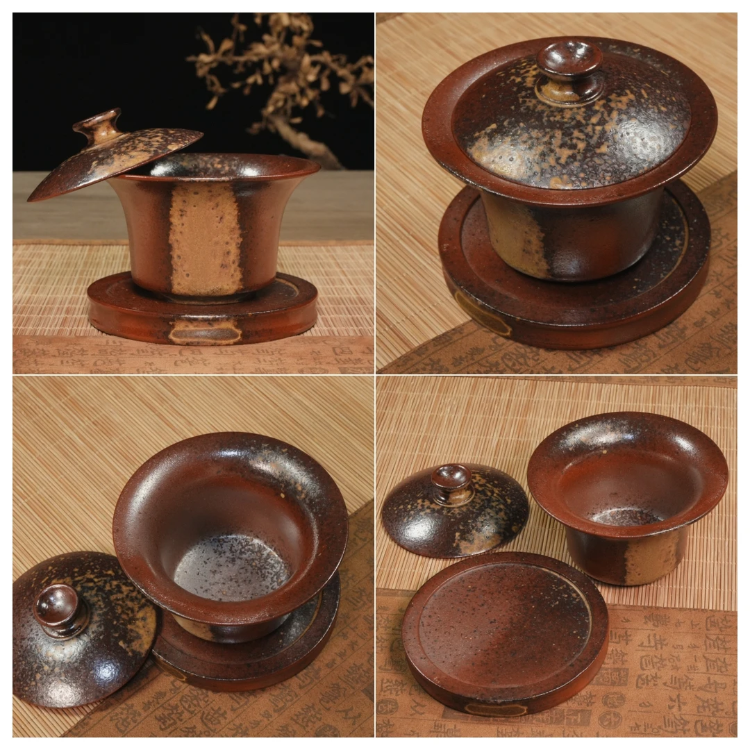 四大名陶之一建水紫陶-纯柴烧-紫泥细泥-重落灰-古朴三才盖碗茶具