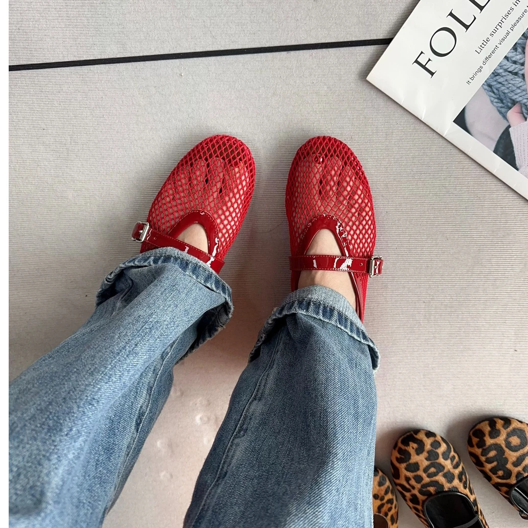 赫本风格爆款2025新款渔网鞋真皮鞋夏季夏天凉鞋女款2025新款爆款