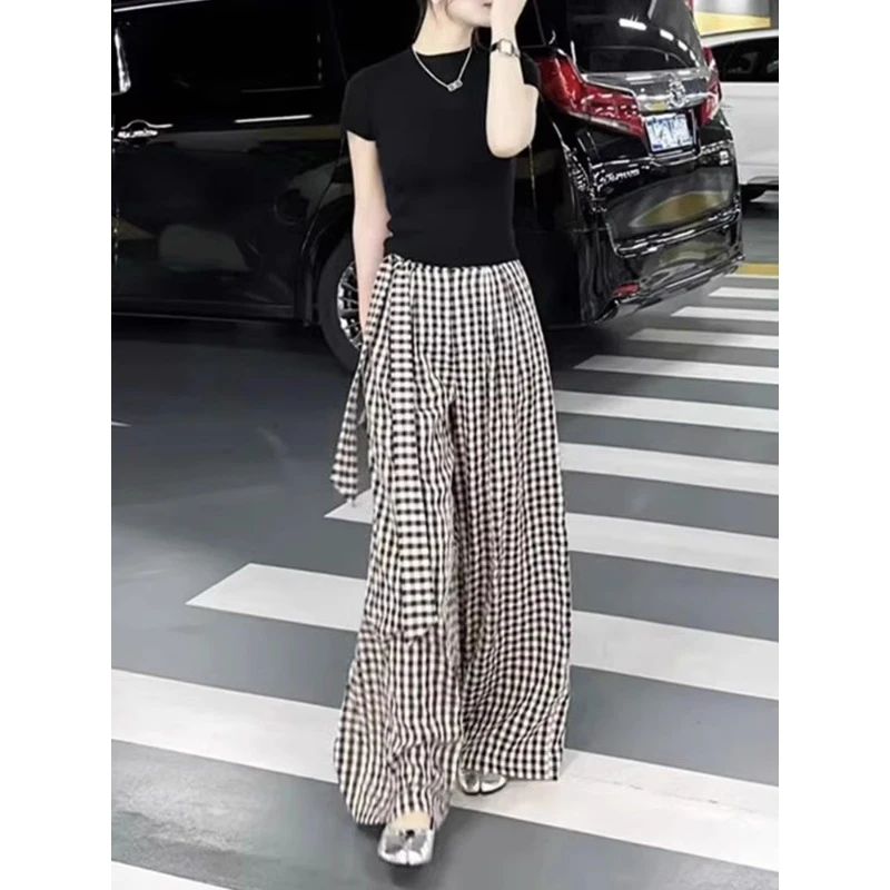 黑白格子宽松阔腿裤子女胖mm大码遮胯显瘦梨型身材高腰直筒裤夏薄
