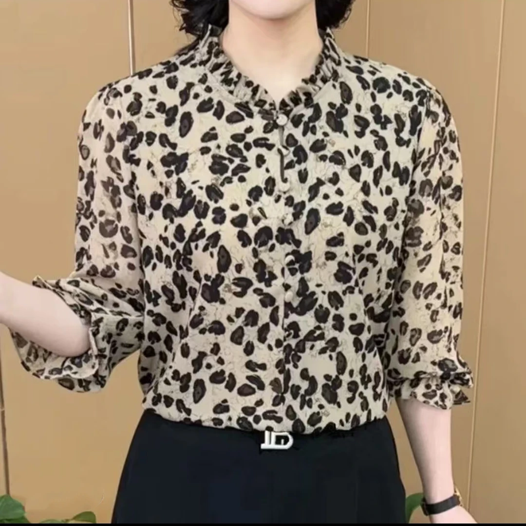 时尚夏季2025年新款时尚高级感豹纹衬衣气质显瘦洋气七分袖上衣