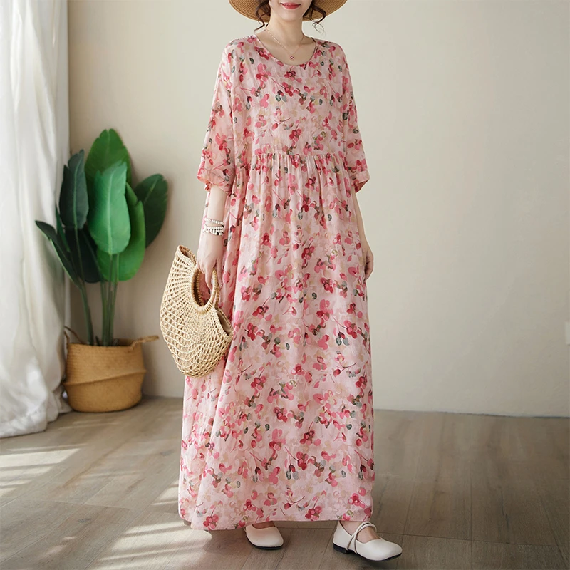 外贸出口法国尾单棉绸减龄胖妹妹连衣裙印花粉色超仙大摆裙长裙夏
