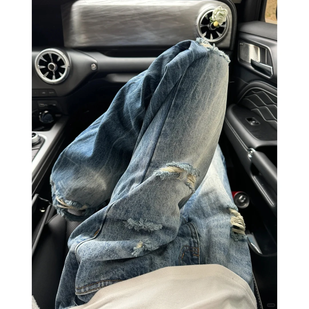 水洗蓝闪电纹破洞牛仔裤男款春季设计破坏感裤子cleanfit微喇长裤