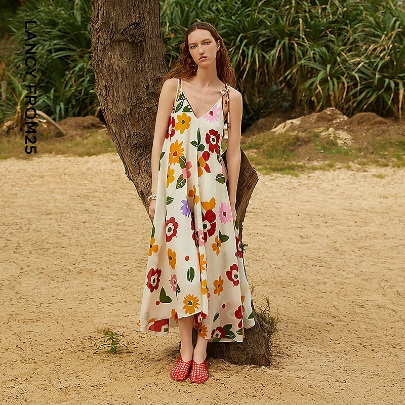 【漾25系列】朗姿2025夏季新款白色v领吊带印花气质设计感连衣裙