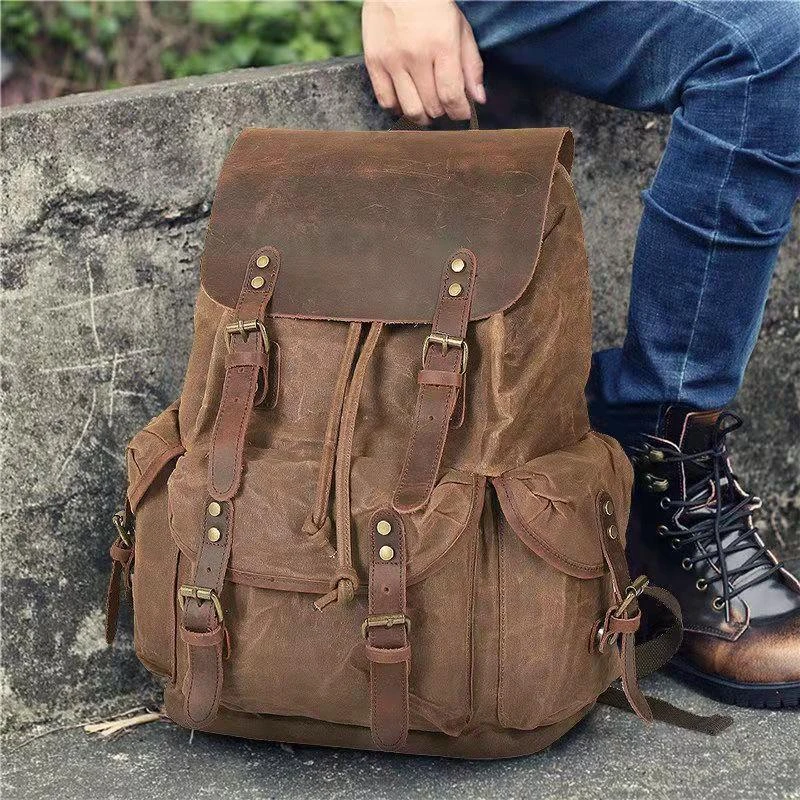 胡椒盐复古疯马皮双肩背包旅行登山户外双肩包大容量油蜡帆布包