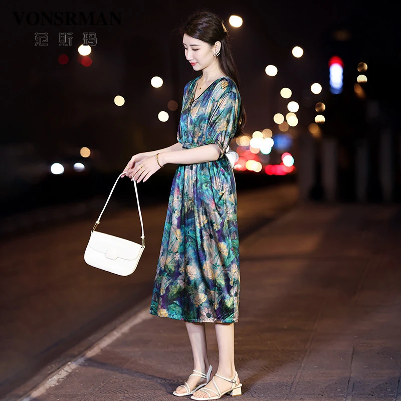 复古V领连衣裙女202年5夏季新款短袖大牌高端气质 中长款宽松裙子