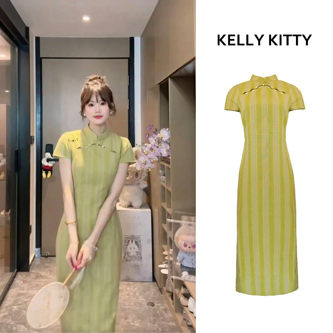 【步生莲】夏季新中式水滴型开襟抽褶收腰连衣裙复古条纹旗袍装