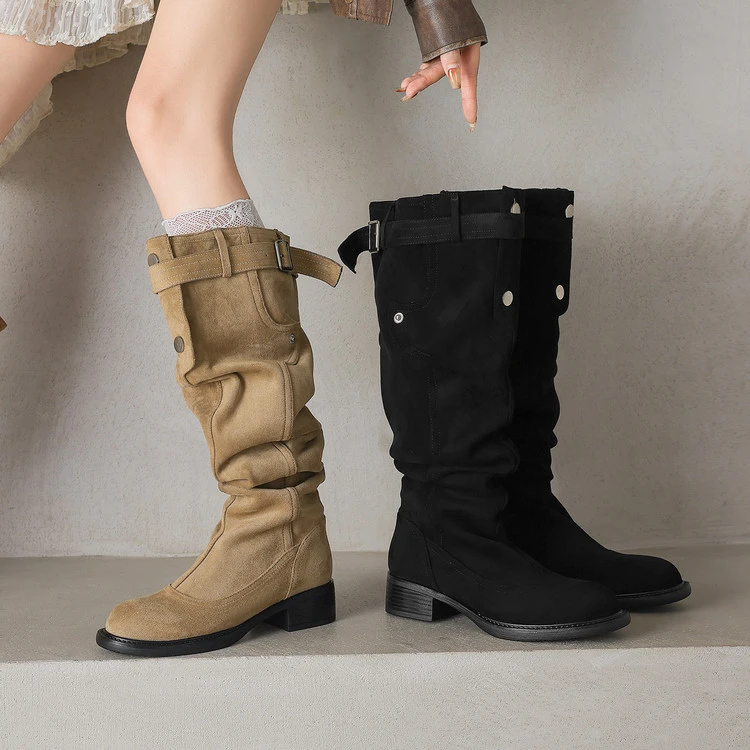圆头女鞋绒面美拉德靴子长筒靴女2025新款堆堆靴废土风粗跟