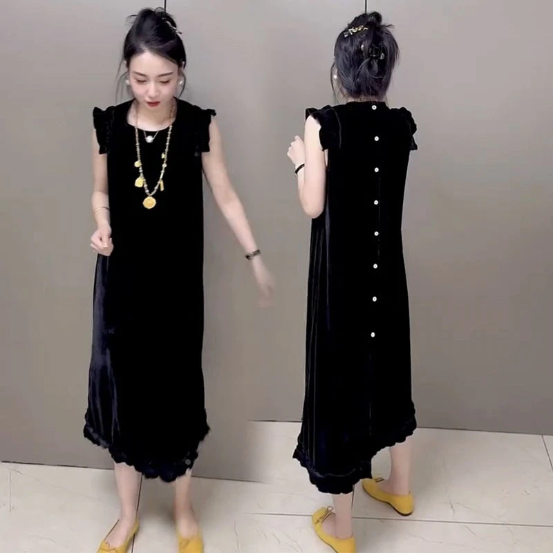 法式气质金丝绒连衣裙女20255夏季高级感收腰显瘦无袖减龄中长裙