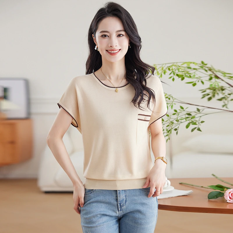 夏季新款短袖t恤女时尚蝙蝠袖宽松大码百搭冰丝针织衫薄款上衣