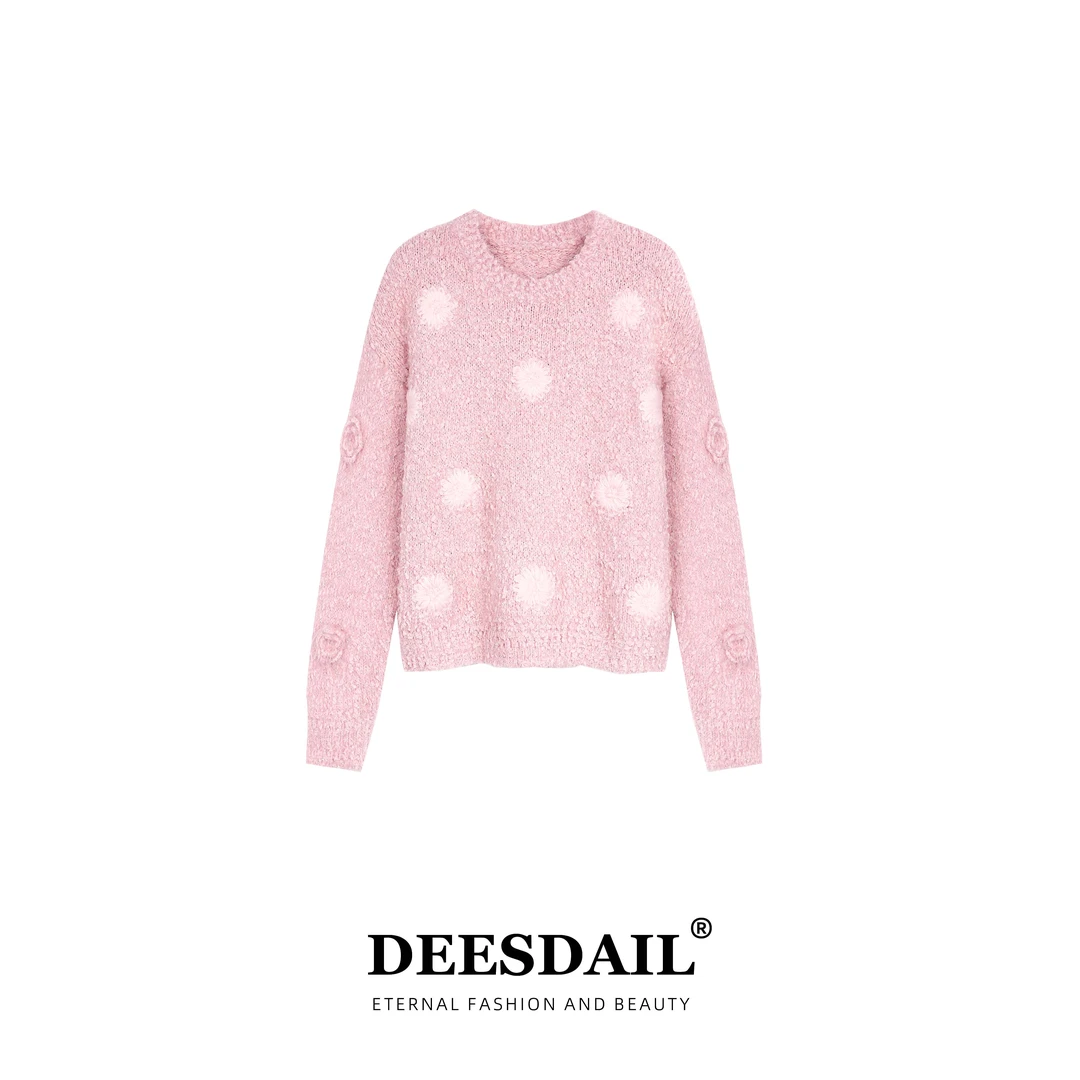 Deesdail冬粉色山茶花圆领长袖毛衣显瘦百搭知性针织衫女A559