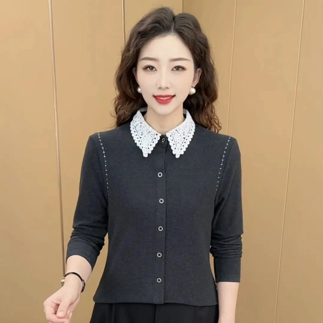 秋冬新款精致翻领蕾丝拼接洋气妈妈装双面绒保暖休闲打底衫K6835