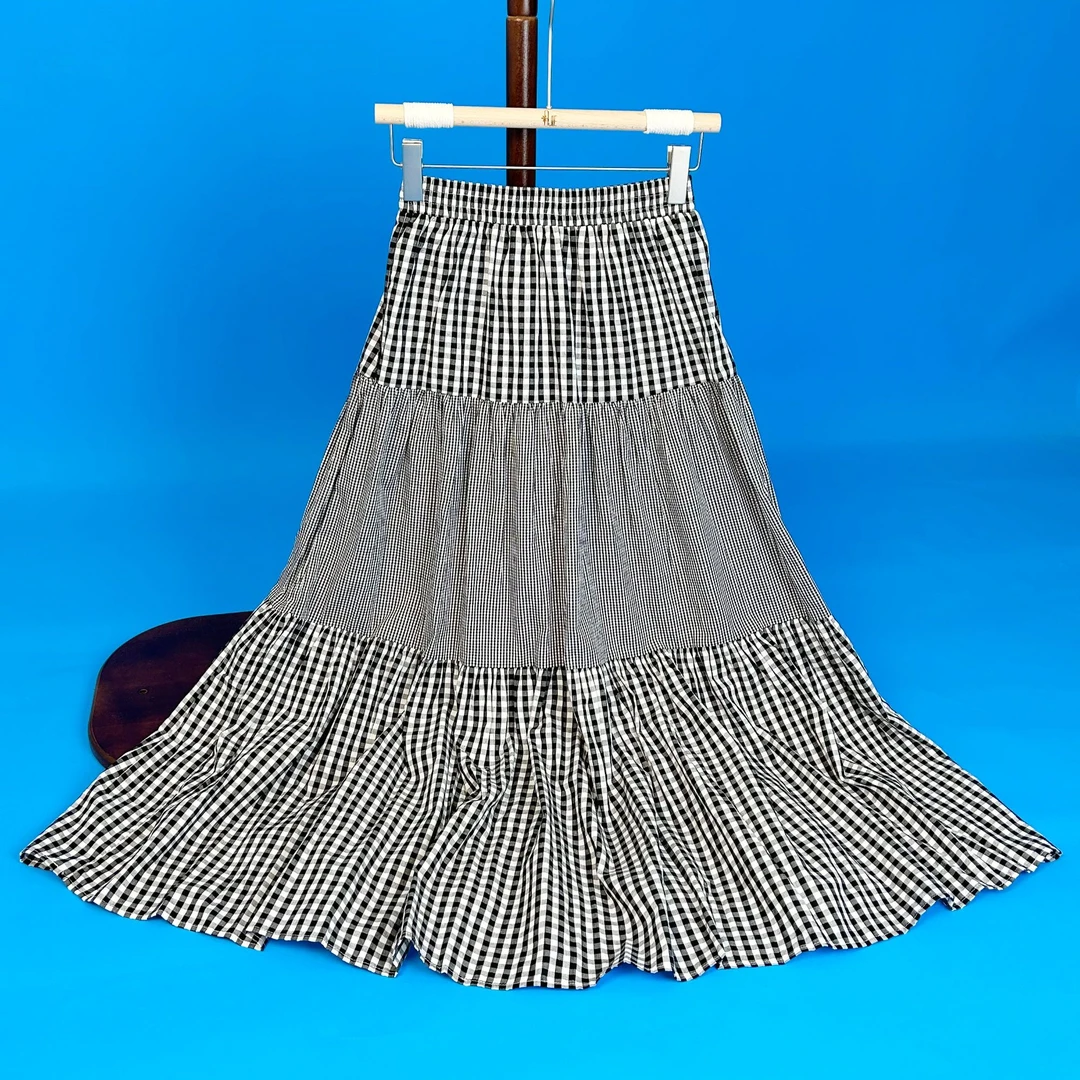 显瘦半身裙白色长裙气质春夏复古中长款拼格纯棉洋气赫本长蛋糕裙