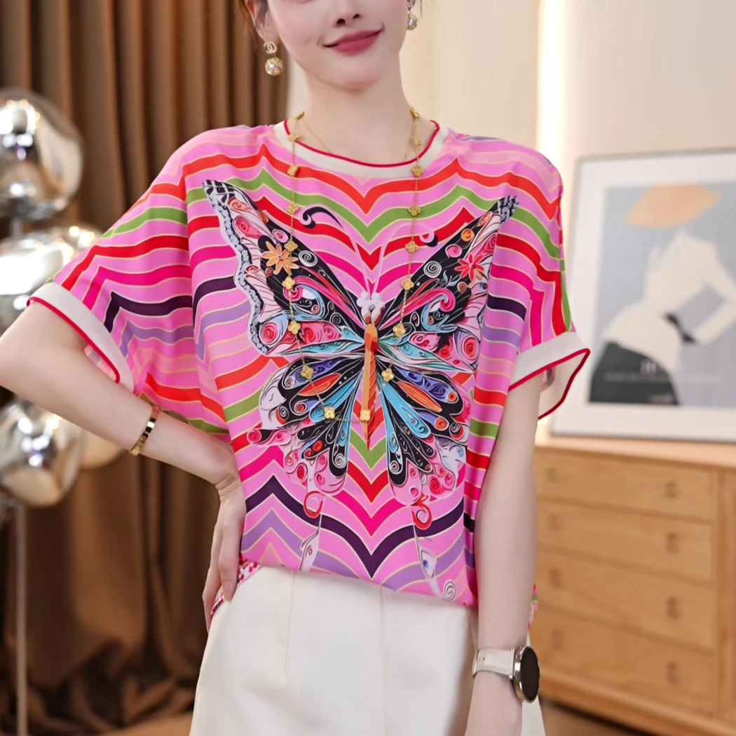 夏季小众蝴蝶设计薄款透气减龄气质短袖小衫百搭显瘦时尚复古上衣
