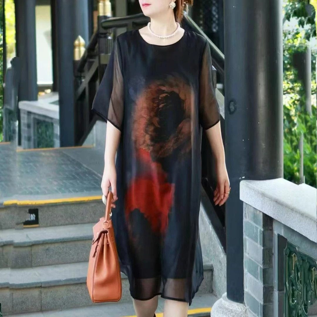 桑蚕丝连衣裙女装夏季新款时尚洋气小个子妈妈装遮肉显瘦印花裙子