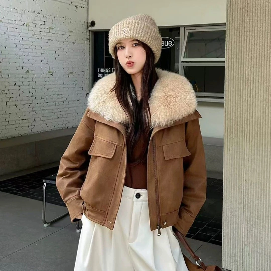 雅鹿毛领短款夹棉外套女2025秋冬新款潮流韩版时尚宽松保暖上衣服