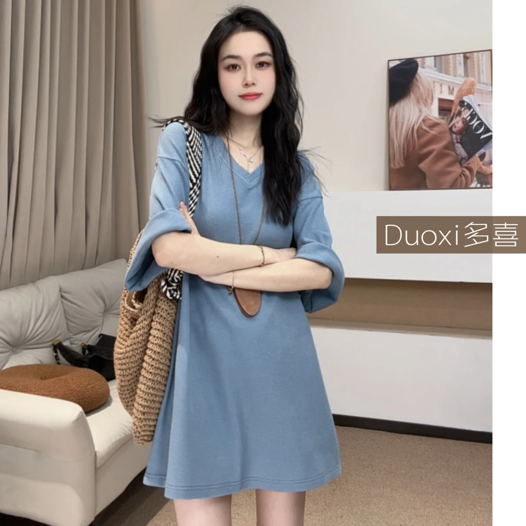 【Duoxi】"华夫格V领"春夏新款 极简宽松大版型T恤百搭上衣F042#