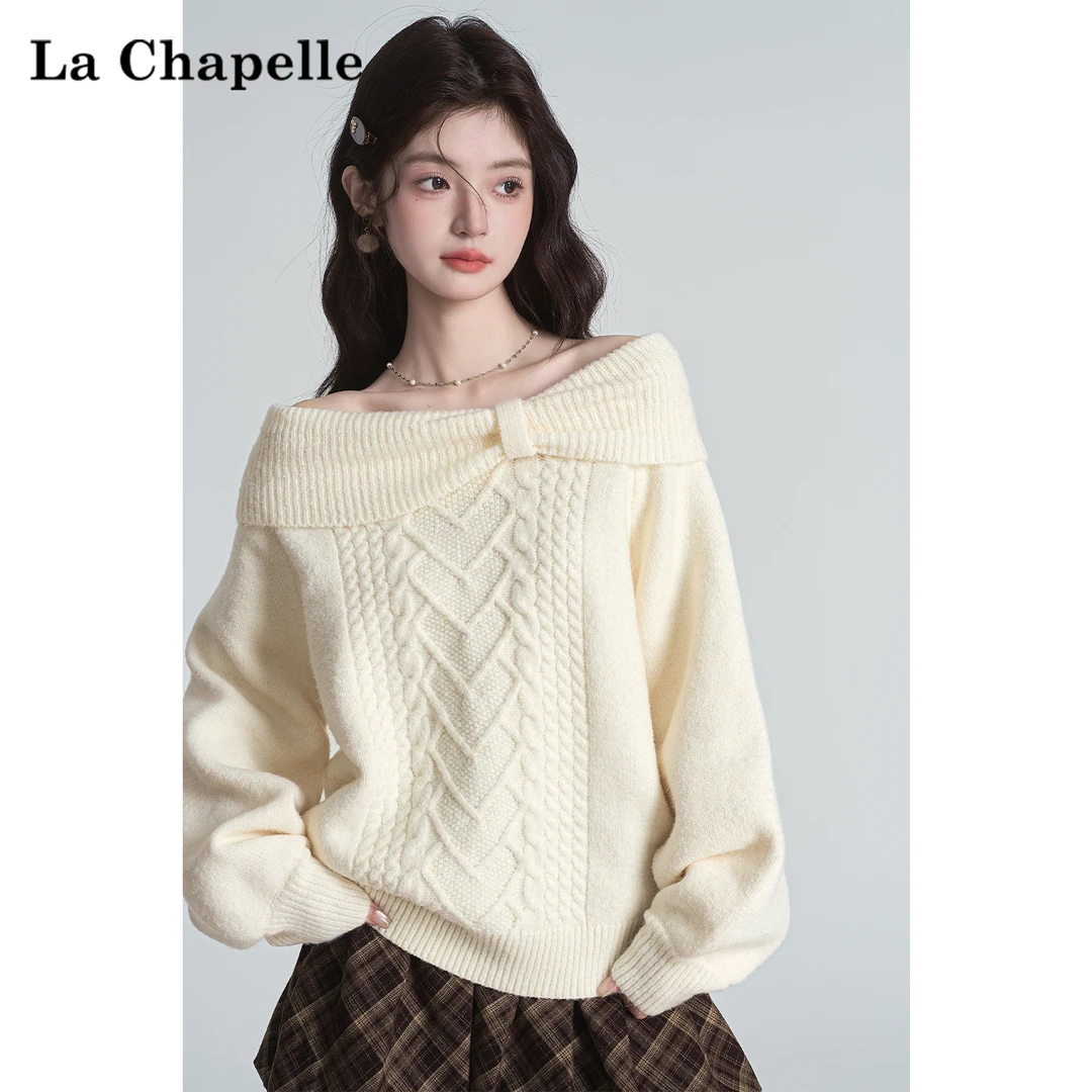 拉夏贝尔日系美衣麻花一字领露肩纯欲针织毛衣女慵懒休闲百搭上衣