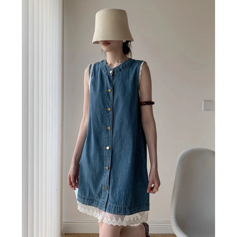 夏季新款高级感复古牛仔连衣裙女小个子蕾丝花边拼接无袖背心裙