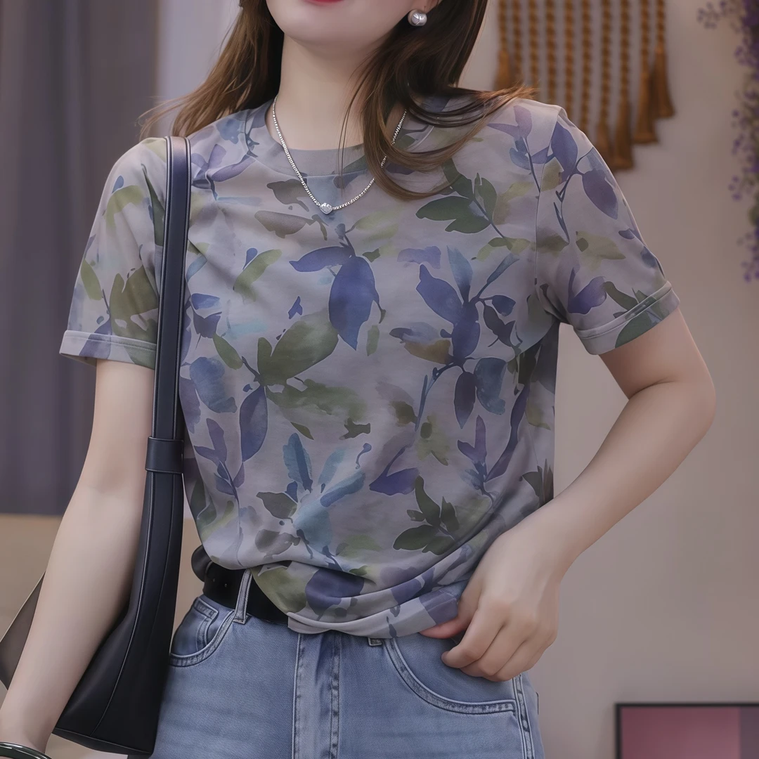 欧洲站2025夏季新款时尚百搭圆领晕染印花显瘦女短袖T恤上衣潮款