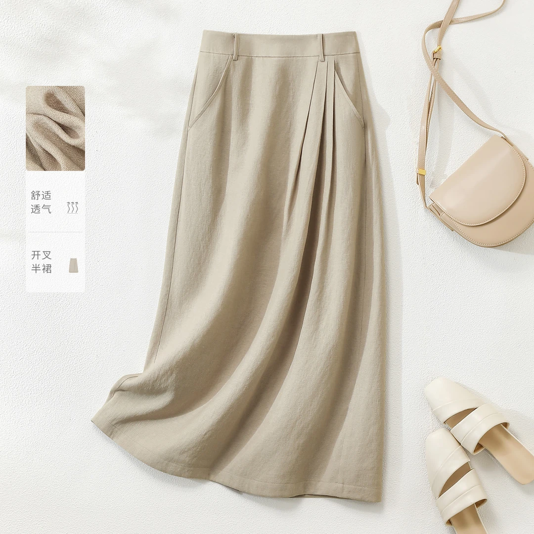 IHIMI/海谧2025年夏季新款女装气质肌理叠褶设计透气开衩半身裙