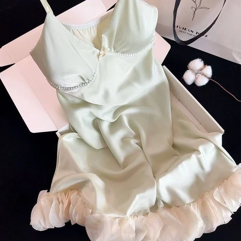 花瓣睡裙冰雪丝甜美公主睡衣女夏季吊带夏天睡衣V领带胸垫家居服