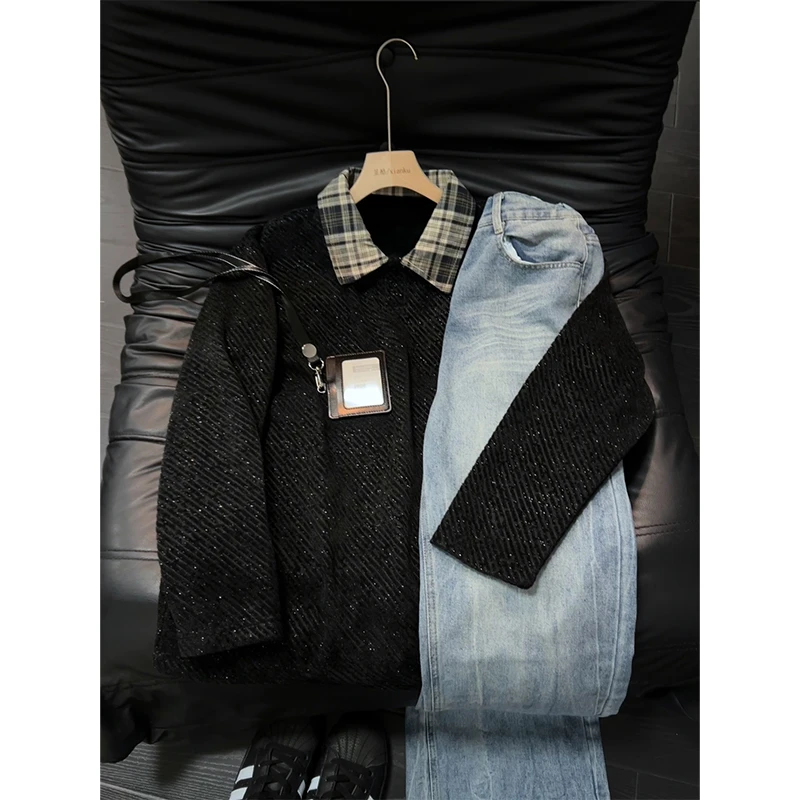 满天星格子拼接假两件加绒卫衣秋冬男款韩版polo翻领长袖T恤内搭