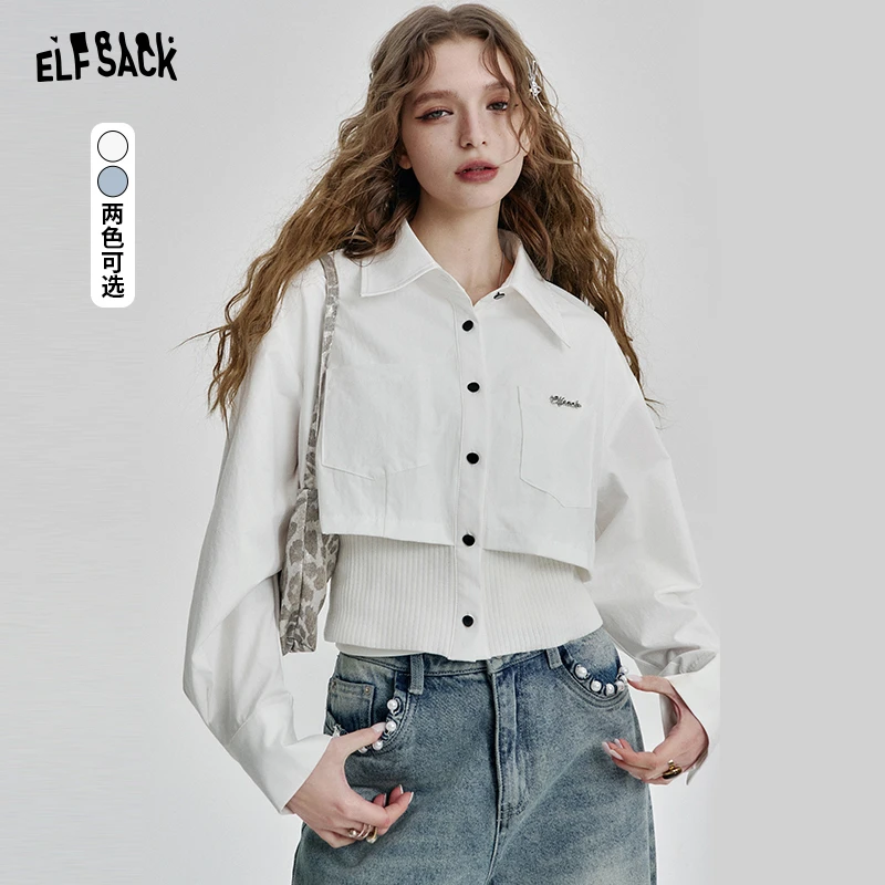 妖精的口袋假两件拼接白色衬衫25年春季新款修身上衣25101027