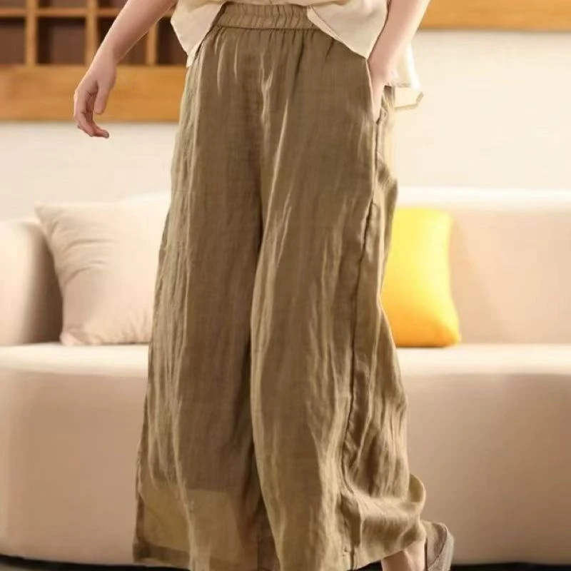 【100苎麻】女士纯色直筒裤显瘦百搭休闲长裤阔腿裤慵懒风HG-8061