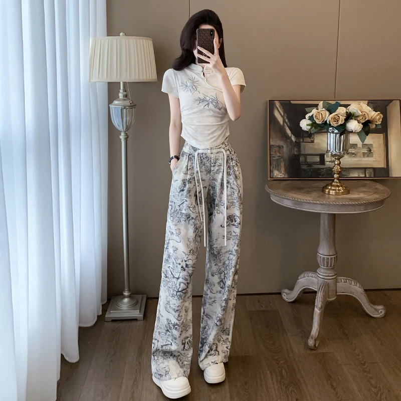 2025夏季新款气质套装宽松阔腿裤遮肉显高收腰上衣显瘦两件套女