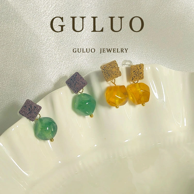 合金耳饰 GULUO 干花绿色黄色耳钉设计感不撞款小巧耳钉