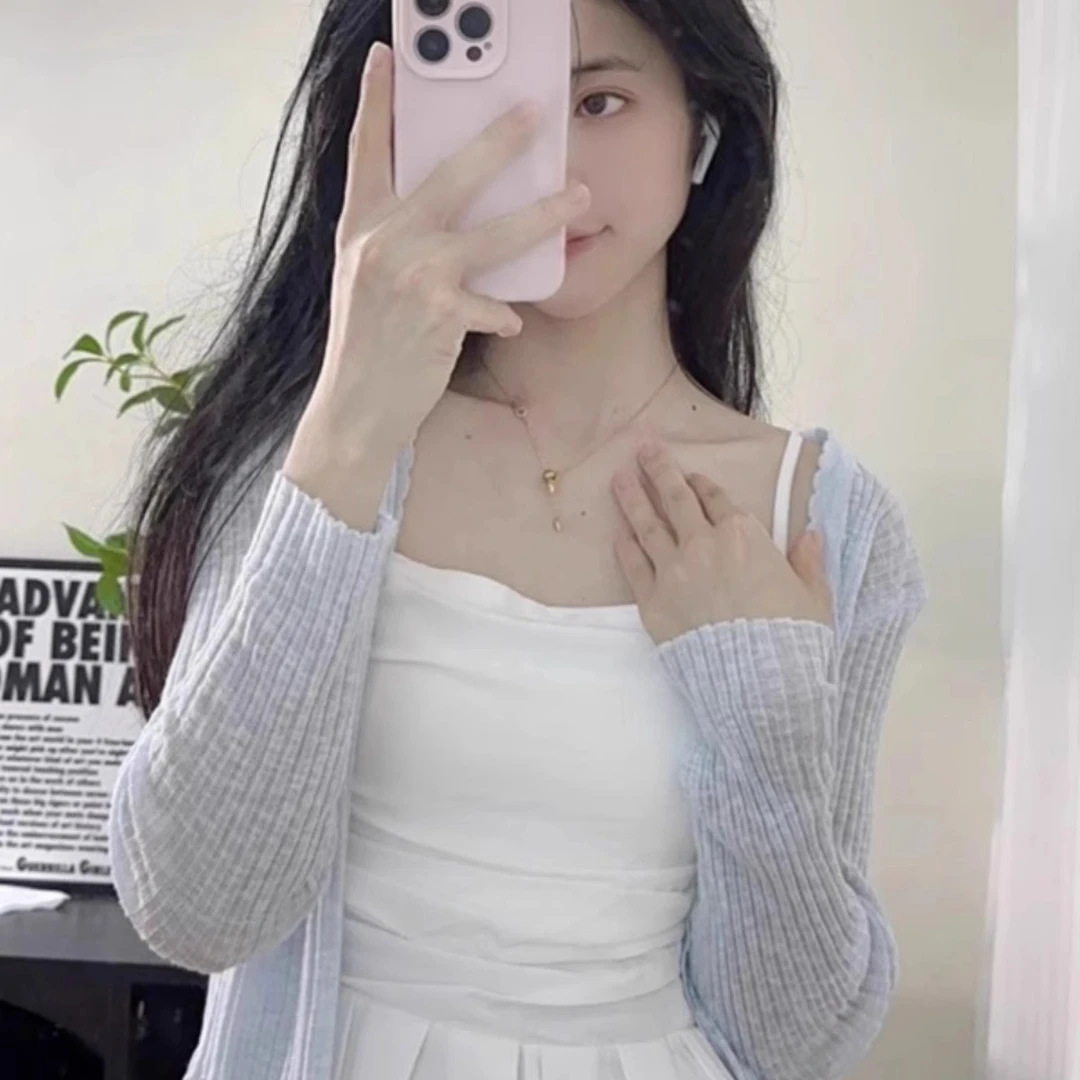 蓝色针织衫女夏小外搭罩衫开衫薄款防晒衫短款长袖上衣披肩百搭潮