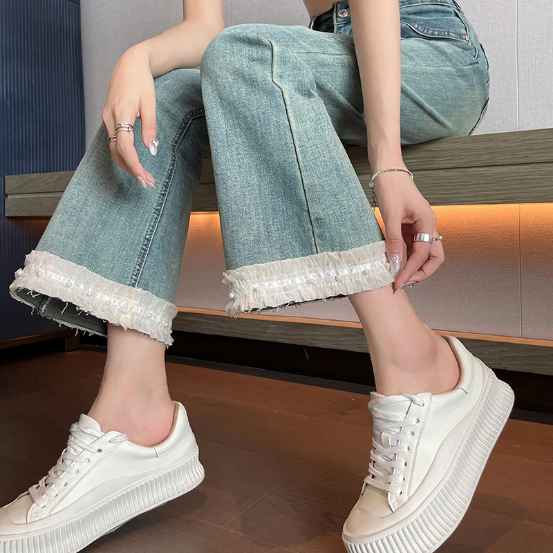 妙臻高腰牛仔九分微喇叭裤子女春季直筒裤女时尚休闲修身显瘦2805