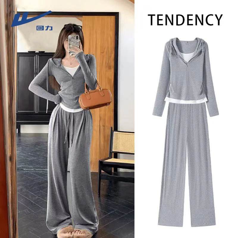 回力假两件阔腿裤休闲风套装2025新款洋气INS风秋季时尚套装秋装